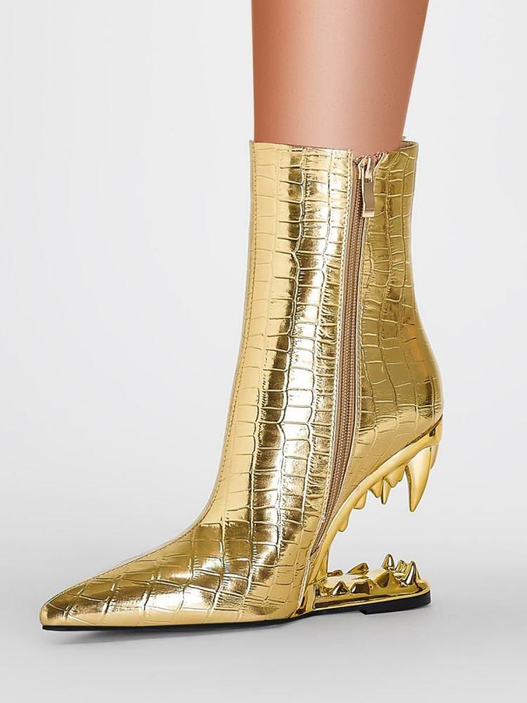 Boots | Ankle Boots Gold Pointed Toe Designed Wedge Heel Booties Boots Boots