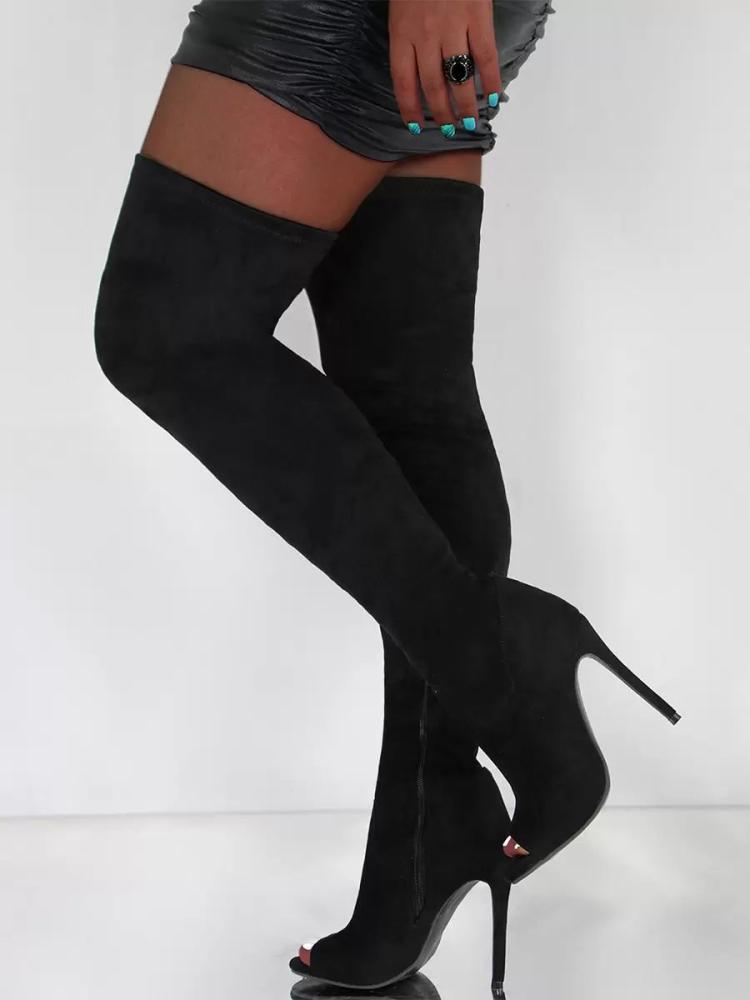 Boots | Black Over The Knee Boots Peep Toe Stiletto Heel Elastic Thigh High Boots Boots Boots