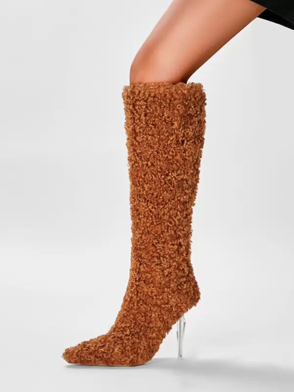 Boots | Faux Fur Knee High Boots High Heel Brown Stiletto Heel Knee Length Boots Boots Boots