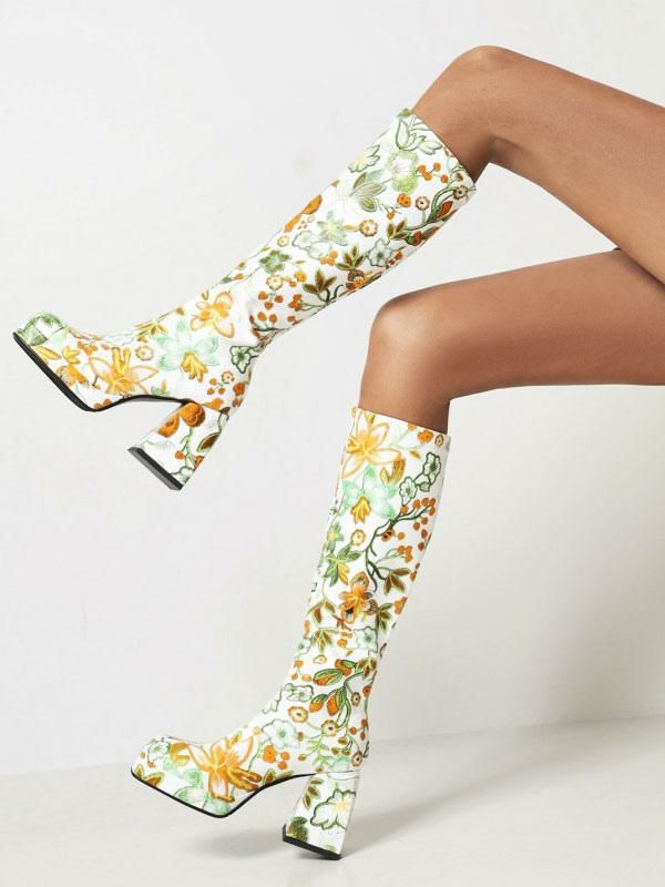 Boots | Flower Print Block Heel Platform Knee High Boots Boots Boots