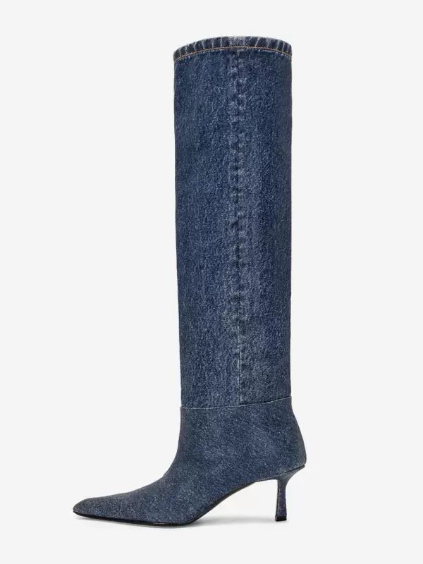 Boots | Kitten Heel Knee High Boots Pointed Toe Denim High Boots Boots Boots