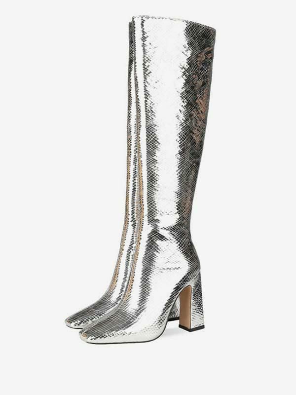 Boots | Knee-High Boots Silver Square Toe Snake Print Chunky Heel Bright Leather Women Knee Length High Heel Boots Boots Boots