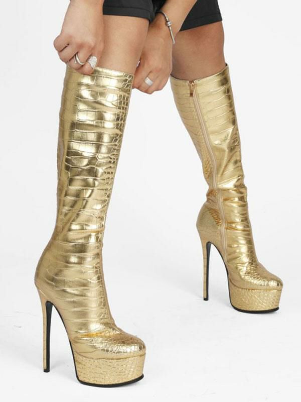 Boots | Metallic Croc Print Platform Stiletto Heel Knee High Boots Boots Boots