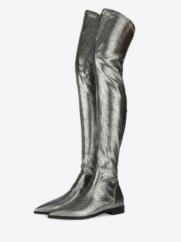 Boots | Over The Knee Boots Silver Pointed Toe Bright Leather Winter Boots For Women Boots Boots