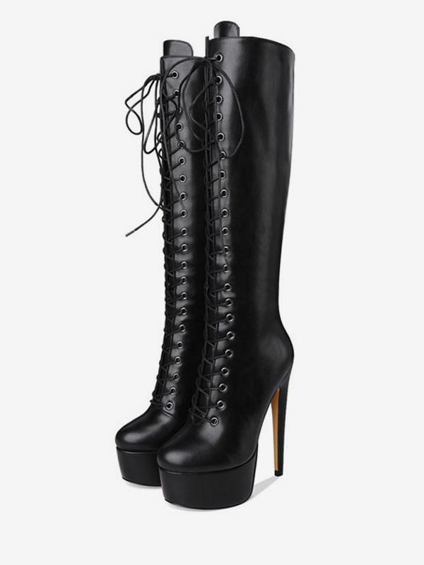 Boots | Platform Knee High Boots Solid Color Lace Up Round Toe Stiletto Heel Boots Boots Boots