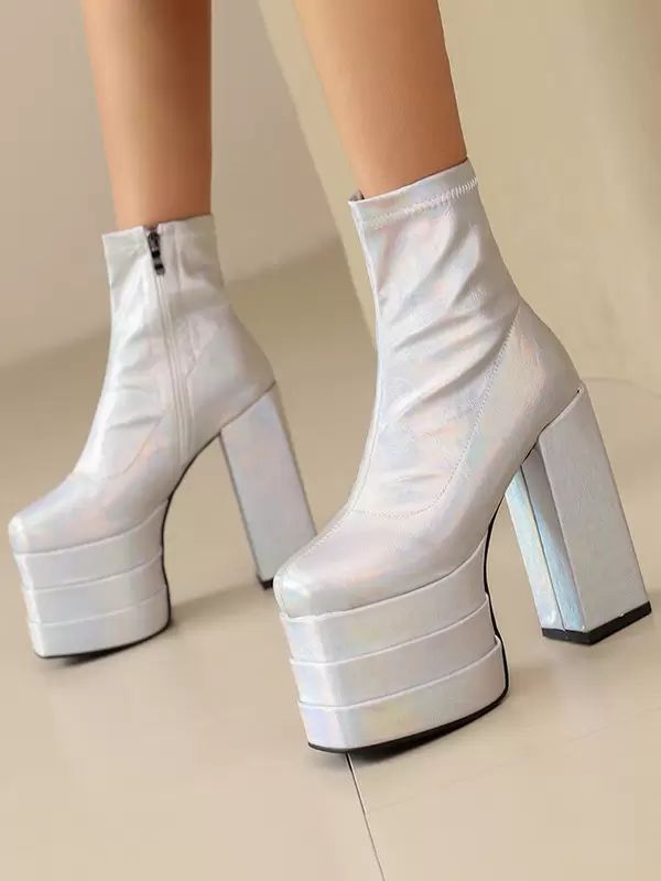 Boots | Silver Ankle Boots Platform Round Toe Chunky Heel Club Booties Boots Boots