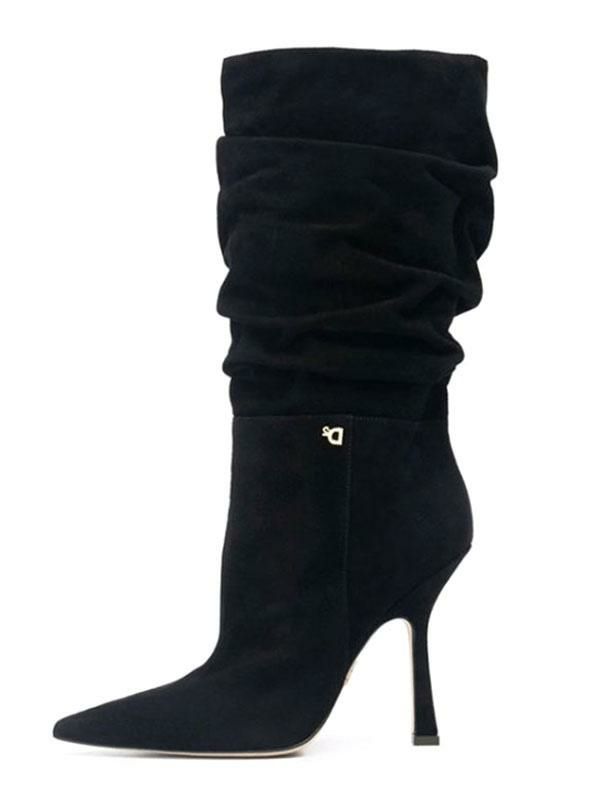 Boots | Slouch Stiletto Heel Mid Calf Boots in Black Suede Boots Boots