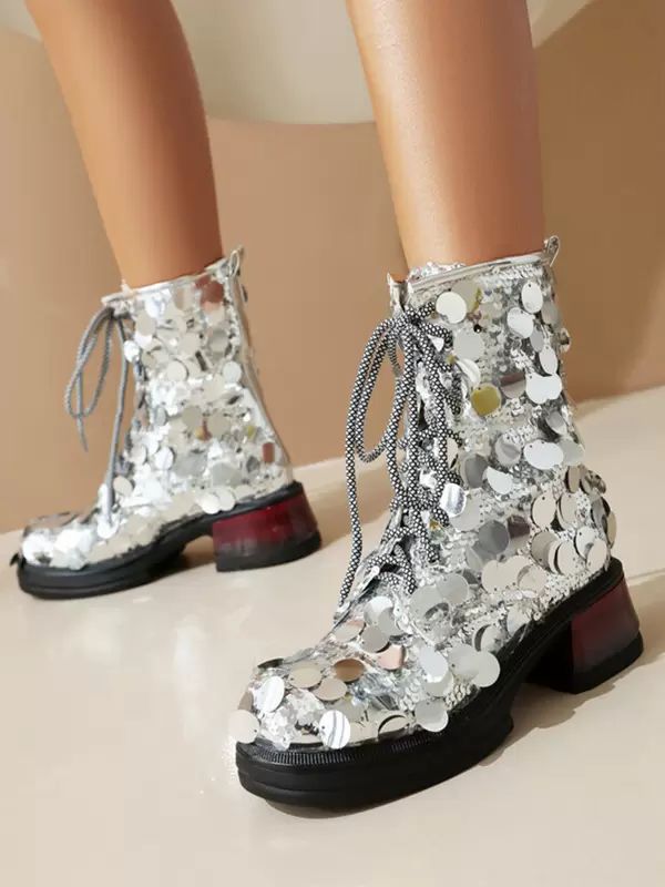 Boots | Women Ankle Boots Silver Sequined Round Toe Lace Up Party Booties Boots Boots