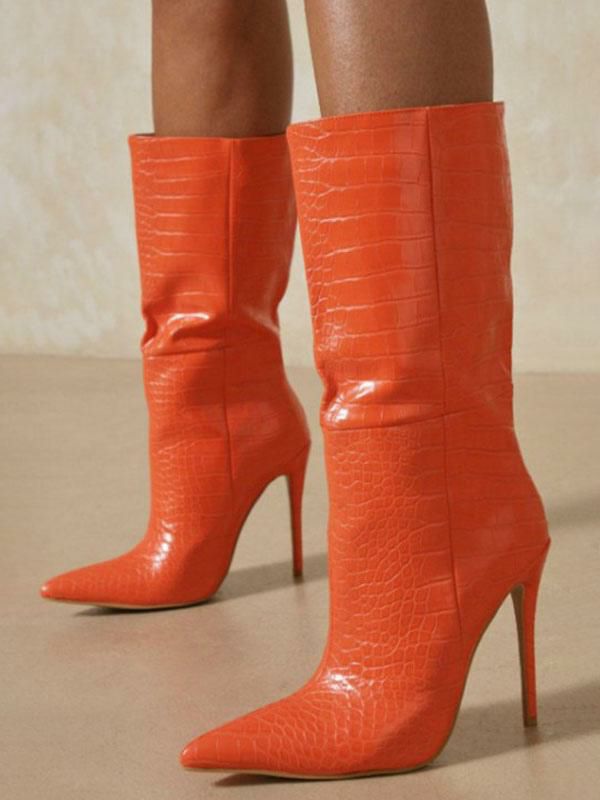 Boots | Women Booties Orange Pointed Toe Stiletto Heel PU Leather Mid Calf Boots Boots Boots