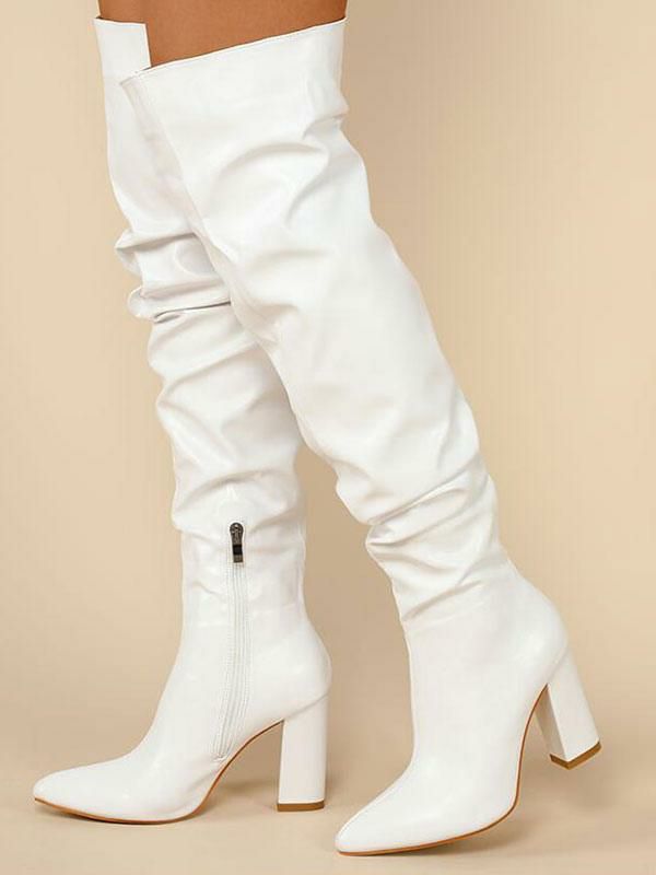 Boots | Women Over The Knee Boots Stiletto Heel Pointed Toe PU Leather White Thigh High Boots Boots Boots