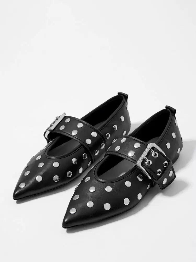 Flats & Loafers | Black Ballet Flats Pointed Toe Studed Adjustable Ballerina Flat Shoes Flats & Loafers Flats & Loafers