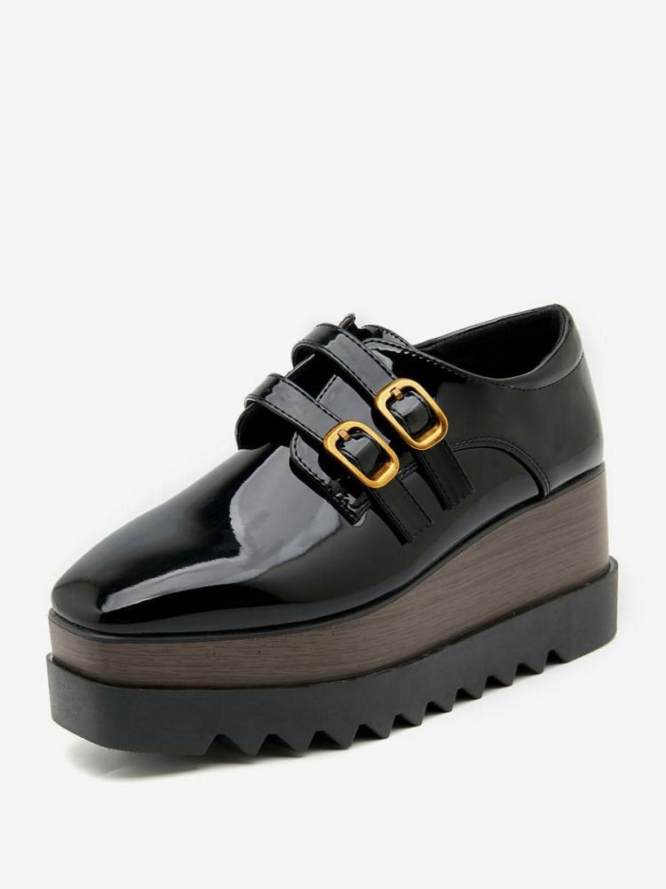 Flats & Loafers | Black Oxfords Square Toe Buckle Detail Wedge Heel Oxford Shoes Flats & Loafers Flats & Loafers