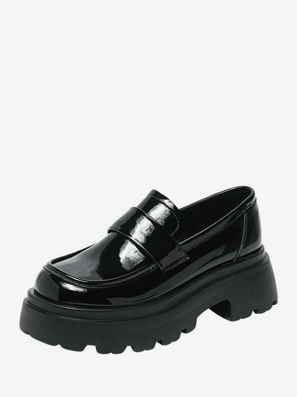 Flats & Loafers | Black Round Toe Chunky Heel slip On Loafers Flats & Loafers Flats & Loafers