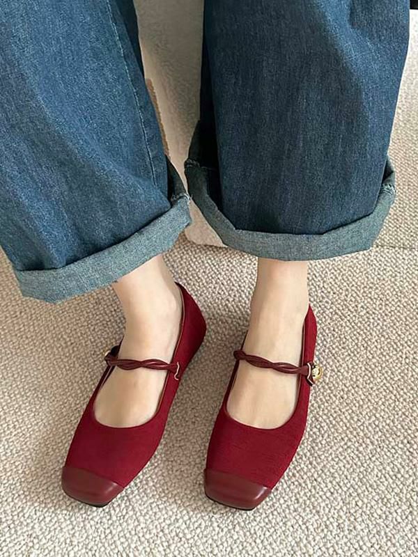 Flats & Loafers | Red Ballet Flats Women Square Toe Vintage Flat Shoes Flats & Loafers Flats & Loafers