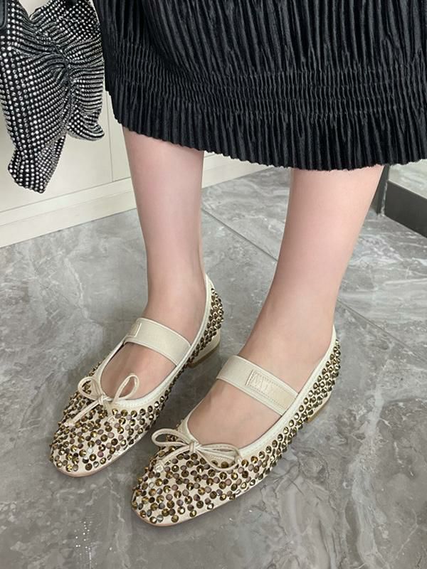 Flats & Loafers | Rhinestones Ballet Flats Round Toe Bow Mary Jane Flats Flats & Loafers Flats & Loafers