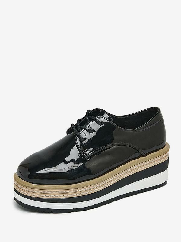 Flats & Loafers | Round Toe Wedge Heel Patent Leather Oxfords Flats & Loafers Flats & Loafers