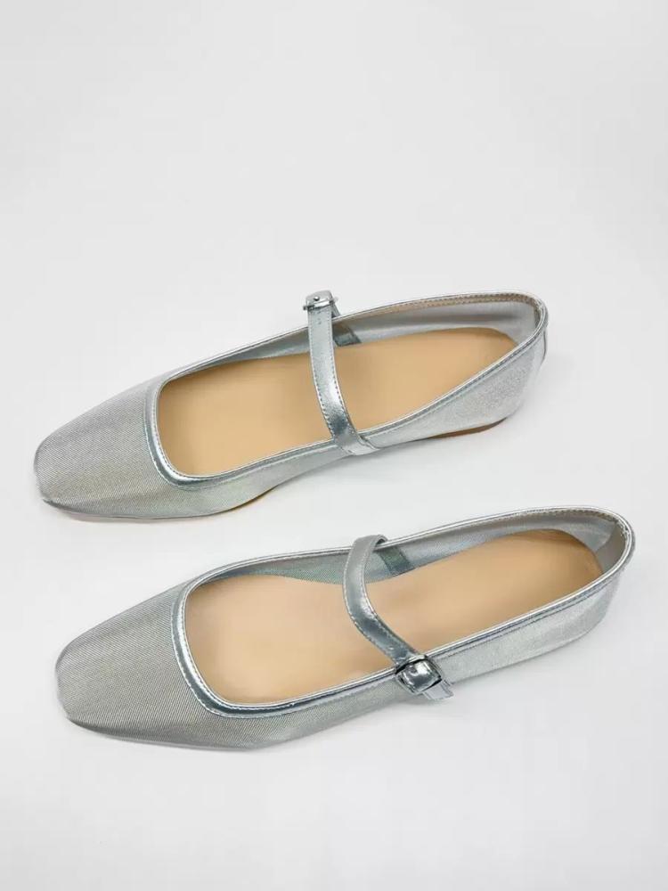 Flats & Loafers | Silver Ballet Flats Square Toe Mesh Buckle Detail Ballet Flats Flats & Loafers Flats & Loafers