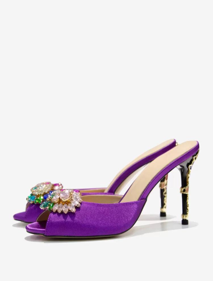 Kids Shoes | Crystal Round Toe Silk And Satin Slide Sandals Stiletto Heel Purple Kids Shoes Kids Shoes