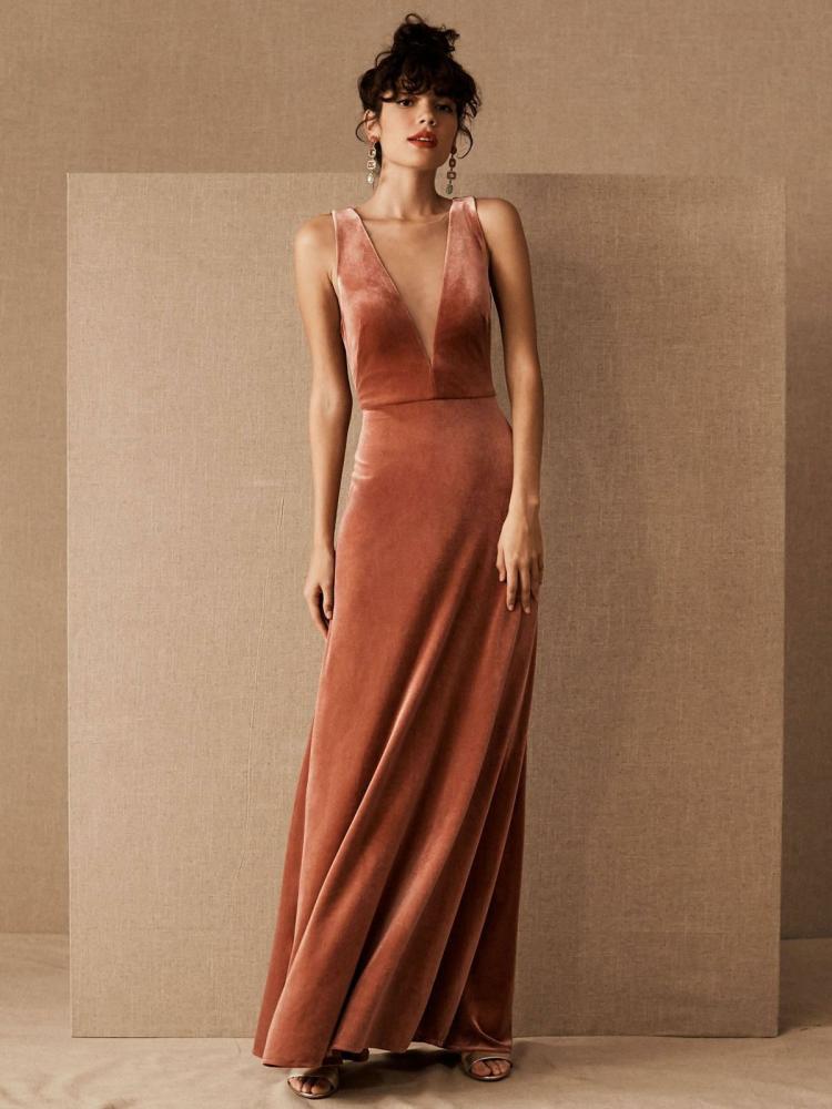 Occasion Dresses | Brown Evening Dress 2024 A-Line V-Neck Floor-Length Sleeveless Zipper Velour Formal Dinner Dresses Wedding Guest Dresses Occasion Dresses Occasion Dresses