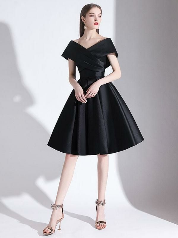 Occasion Dresses | Cocktail Dress 2024 A-Line V-Neck Knee-Length Short Sleeves Lace-Up Pleated Satin Little Black Dress Free Customization Occasion Dresses Occasion Dresses