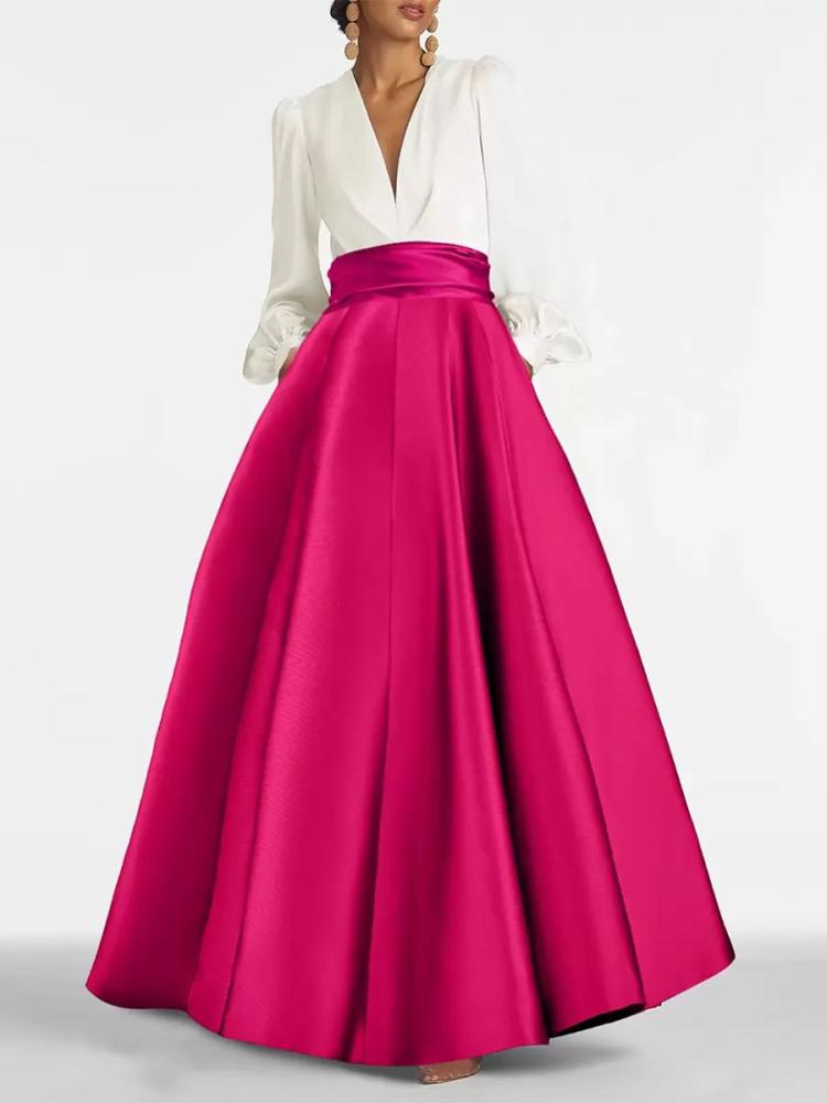 Occasion Dresses | Evening Dress A-Line V-Neck Floor-Length Long Sleeves Zipper Pleated Satin Fabric Formal Party Dresses Wedding Occasion Dresses