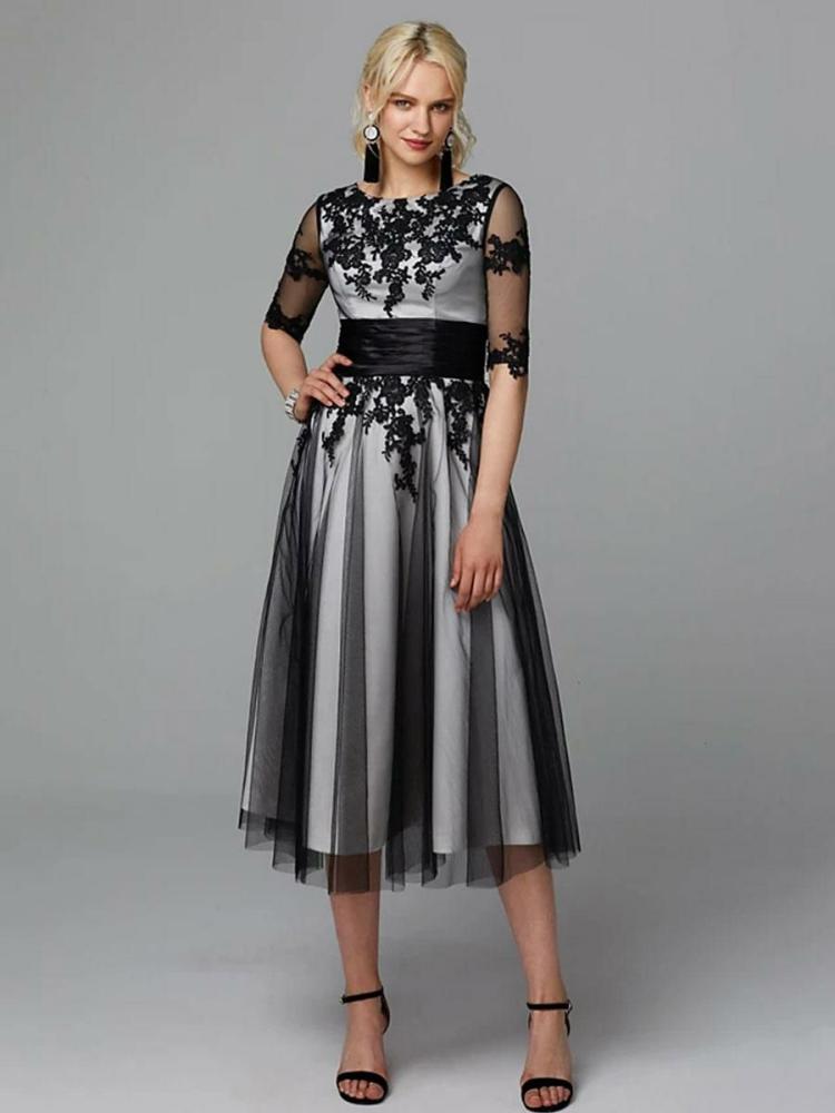 Occasion Dresses | Evening Dress Jewel Neck Tea-Length Half Sleeves Lace-Up Applique Mother Of The Bridal Dresses Occasion Dresses Occasion Dresses