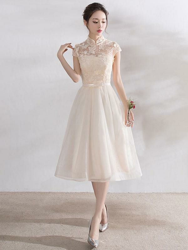 Occasion Dresses | Ivory Cocktail Dress Short Mandarin Collar Lace Applique Cap Sleeve Bow Sash Illusion Organza Homecoming Dress Occasion Dresses Occasion Dresses