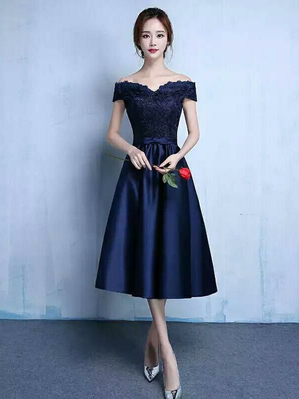 Occasion Dresses | Lace Cocktail Dress Off The Shoulder Prom Dress Dazzling Blue Satin Sweetheart A Line Tea Length Graduation Dress With Bow Sash wedding guest dress Occasion Dresses Occasion Dresses