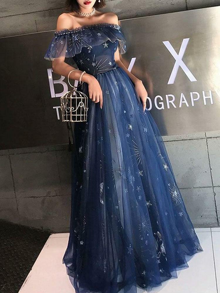 Occasion Dresses | Prom Dress 2024 Navy Blue Short Sleeves A-Line Off The Shoulder Floor Length Lace-Up Ruffles Party Dresses Free Customization Occasion Dresses Occasion Dresses