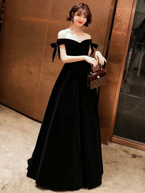 Occasion Dresses | Prom Dresses Long Velvet Off Shoulder Bows Black Floor Length Formal Gowns Wedding Guest Dresses Free Customization Occasion Dresses Occasion Dresses