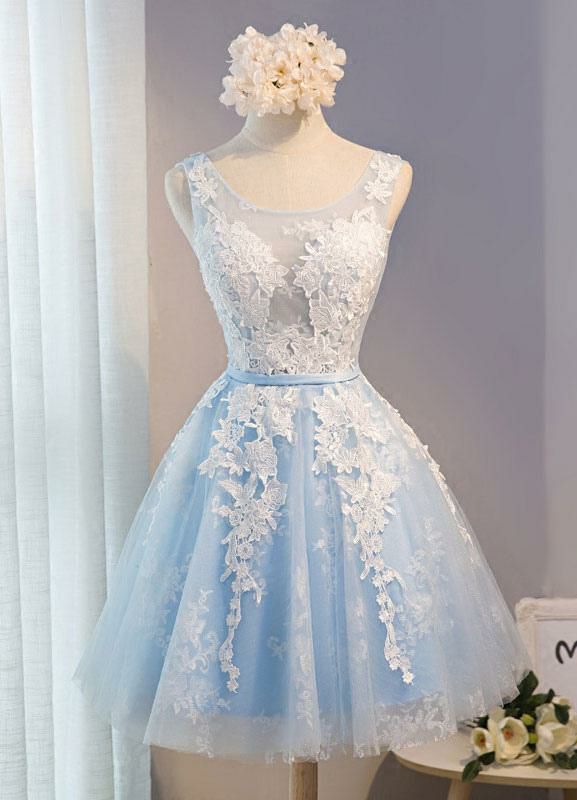 Occasion Dresses | Tulle Homecoming Dress 2024 Lace Applique Prom Dress Baby Blue Sash Backless A Line Knee Length Party Dress Free Customization Occasion Dresses Occasion Dresses