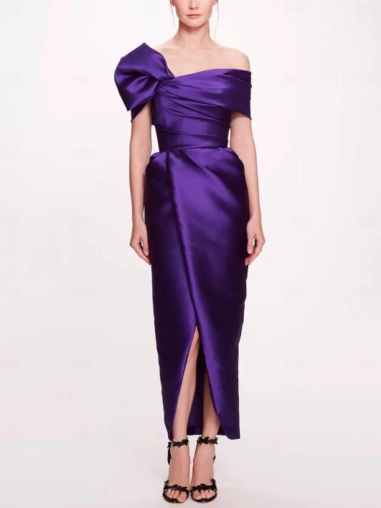 Occasion Dresses | With Cocktail Dress Elegant Ankle-Length Sheath Off-The-Shoulder Pleated Satin Fabric Occasion Dresses Occasion Dresses