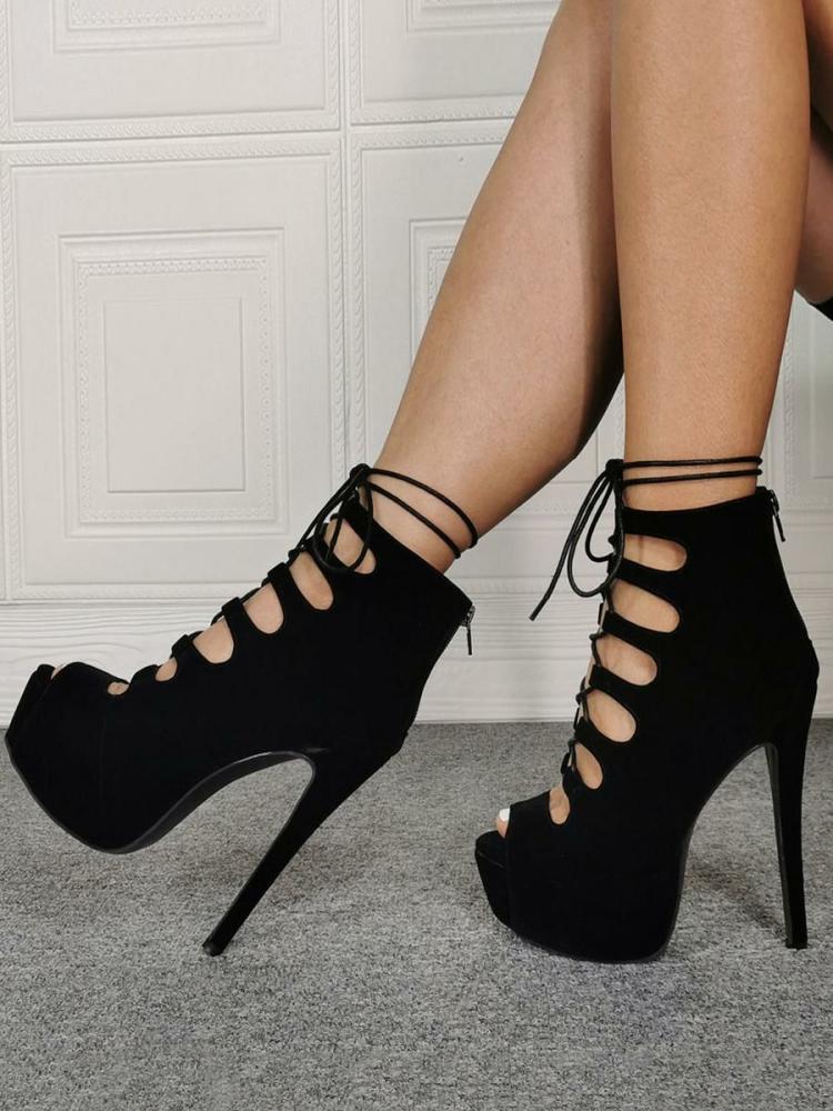 Occasion Shoes | Black High Heel Sandal Boots Suede Cut Out Lace Up Stiletto Heel Sandals Occasion Shoes Occasion Shoes