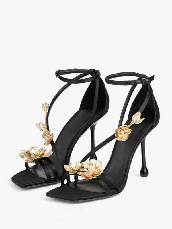 Occasion Shoes | Black High Heel Sandals Square Toe Flowers Detail Strappy Stiletto Heel Prom Shoes Occasion Shoes Occasion Shoes