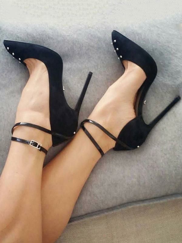 Occasion Shoes | Black High Heels Suede Pointed Toe Rivets Stiletto Heel Ankle Strap Pumps Women Sexy Shoes Occasion Shoes Occasion Shoes