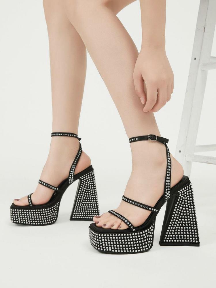 Occasion Shoes | Black Prom Sandals Square Toe Platform Rhinestones Chunky Heel Ankle Strap High Heel Sandals Occasion Shoes Occasion Shoes