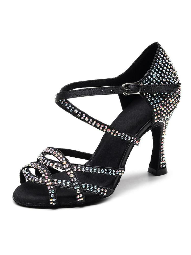 Occasion Shoes | Customized Latin Dance Shoes Black Open Toe Luxury Rhinestones Ballroom Dance Shoes Occasion Shoes Occasion Shoes