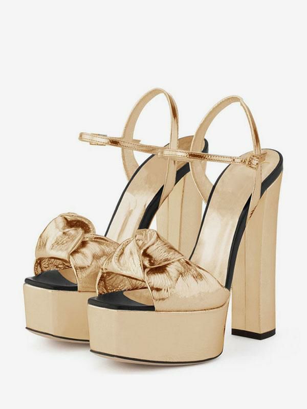 Occasion Shoes | Gold Knotted Prom Shoes Platform Chunky Heel Sandals For Women Occasion Shoes Occasion Shoes