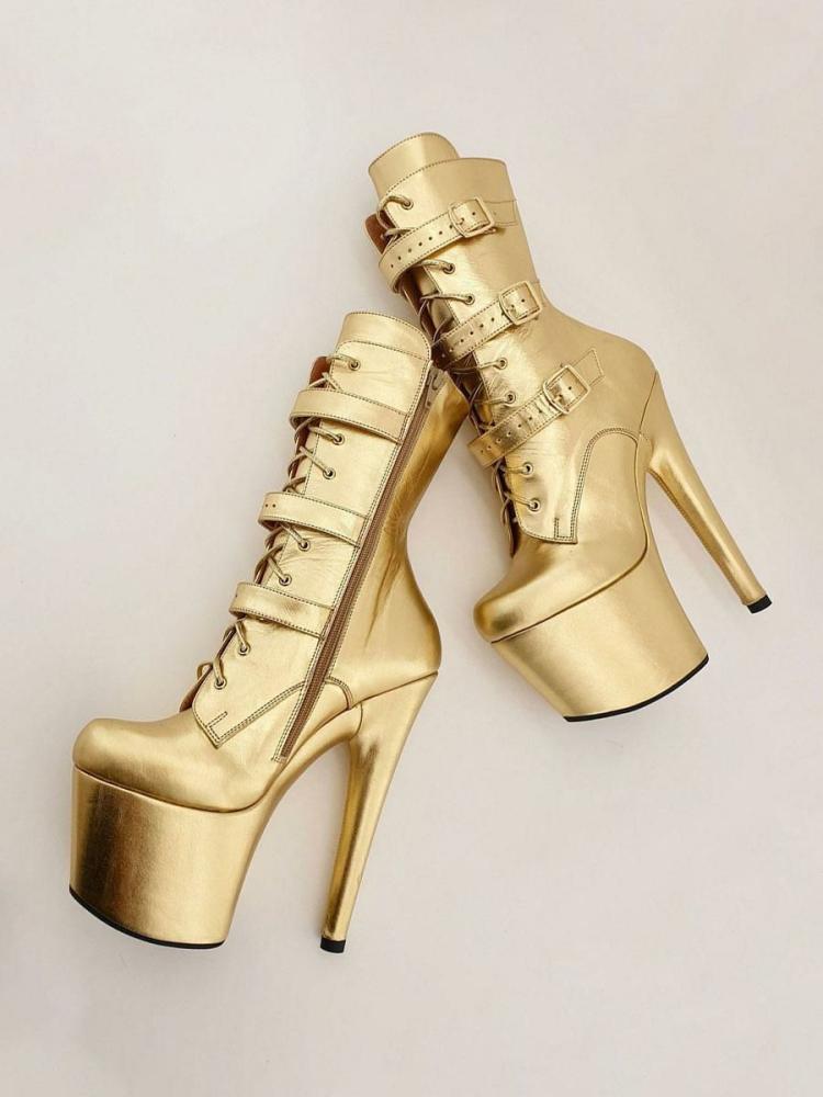 Occasion Shoes | Gold Sexy Boots Metallic Round Toe Platform Zipper Buckle Lace Up Boots Plus Size Pole Dance Shoes Gold Stripper Heels Occasion Shoes Occasion Shoes