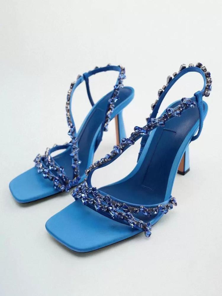 Occasion Shoes | High Heel Sandals Blue PU Leather Beaded Prom shoes Women Homecoming Shoes Occasion Shoes Occasion Shoes