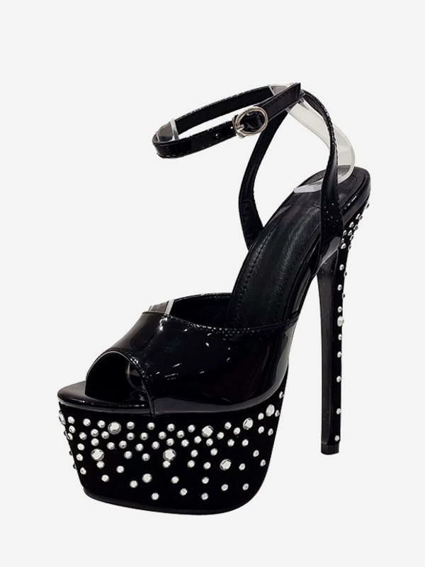 Occasion Shoes | High Heel Sexy Sandals Black PU Leather Peep Toe High( 3-3.9″) Sexy Shoes Occasion Shoes Occasion Shoes