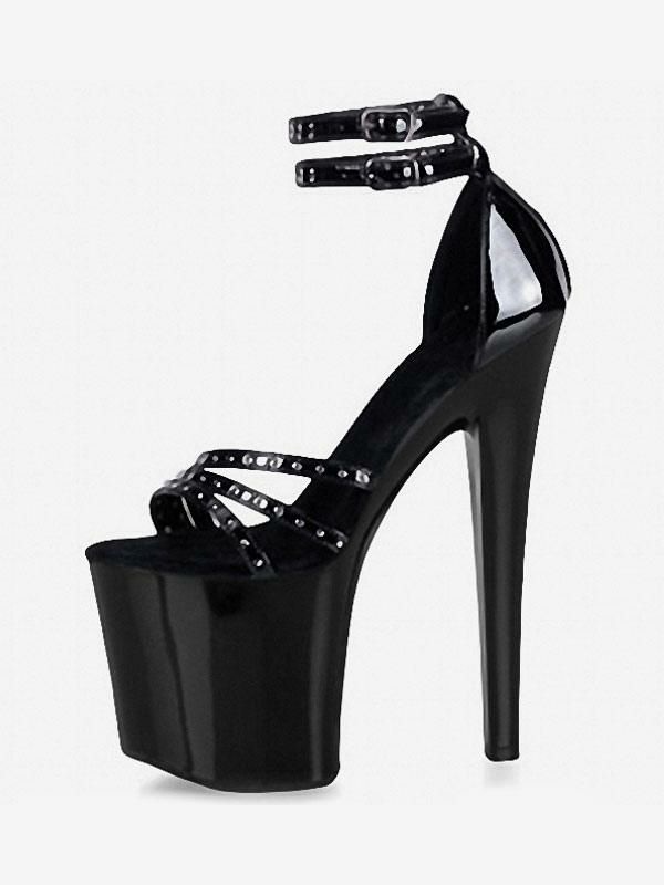 Occasion Shoes | High Heel Sexy Sandals Black PU Leather Round Toe 3.9″ Buckle 7.9″ Sexy Shoes Occasion Shoes Occasion Shoes