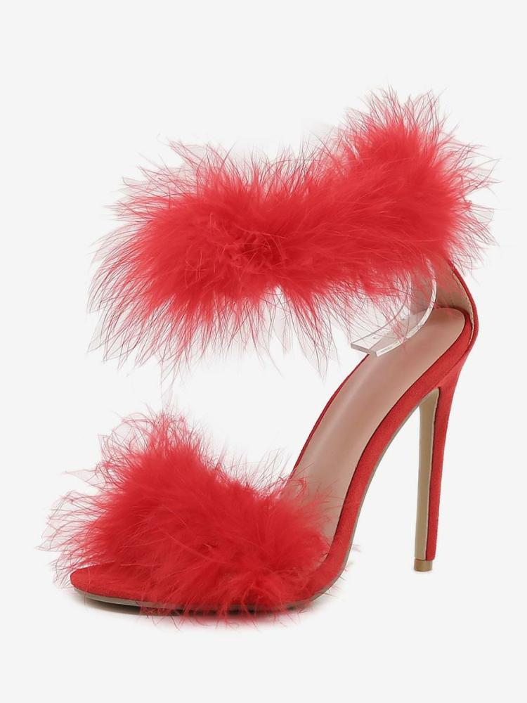 Occasion Shoes | High Heel Sexy Sandals Red Faux Feather Round Toe 0.4″ 4.5″ Ankle Strap Sexy Shoes Occasion Shoes Occasion Shoes