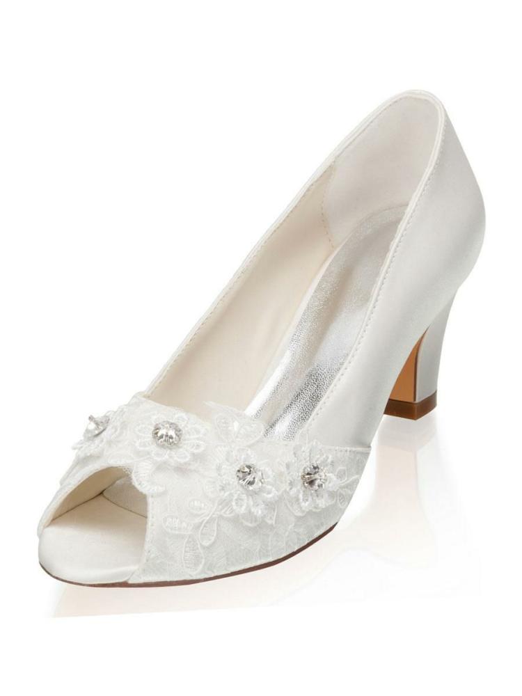 Occasion Shoes | Ivory Wedding Shoes Satin Rhinestones Peep Toe Chunky Heel Bridal Shoes Occasion Shoes Occasion Shoes