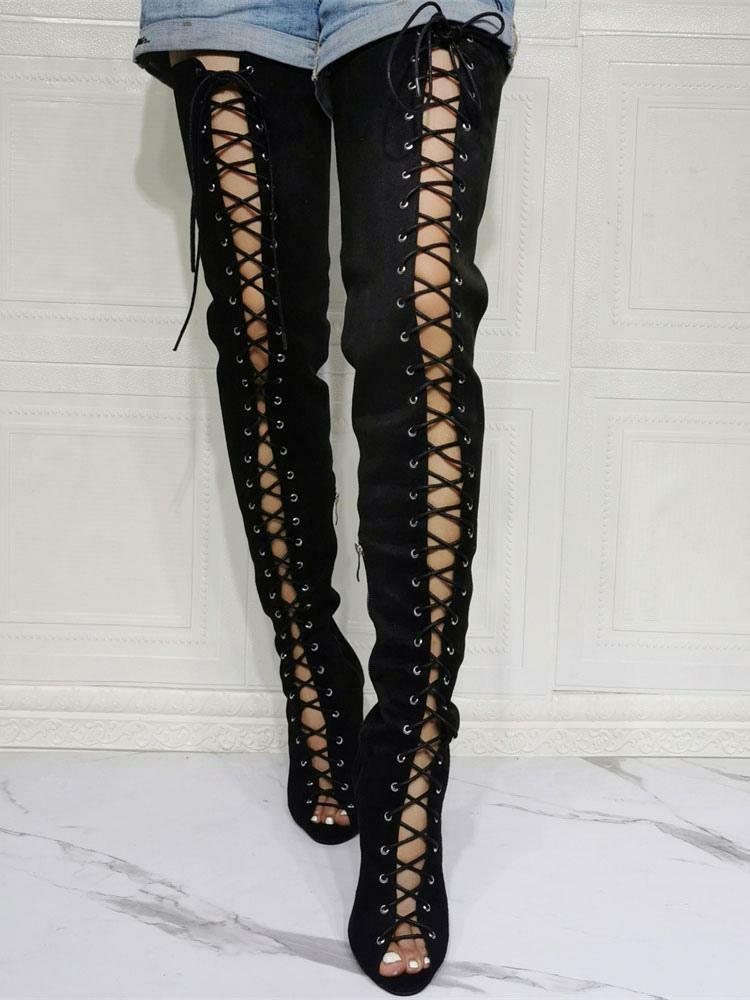 Occasion Shoes | Lace Up Thigh High Heel Boots in Black Suede Occasion Shoes Occasion Shoes