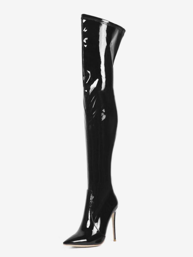 Occasion Shoes | Over The Knee Boots Leather Black Pointed Toe Stiletto Heel Bright Leather Thigh High Boots Occasion Shoes Occasion Shoes