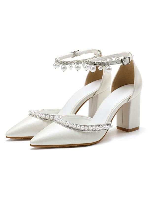 Occasion Shoes | Pearls Pointy Toe Ankle Strap Bridal Pumps Chunky Heel Occasion Shoes Occasion Shoes