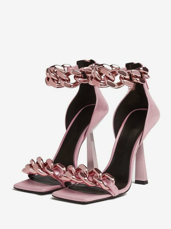 Occasion Shoes | Pink High Heel Sandals Metallic Chain Design Ankle Strap Prom Shoes Occasion Shoes Occasion Shoes