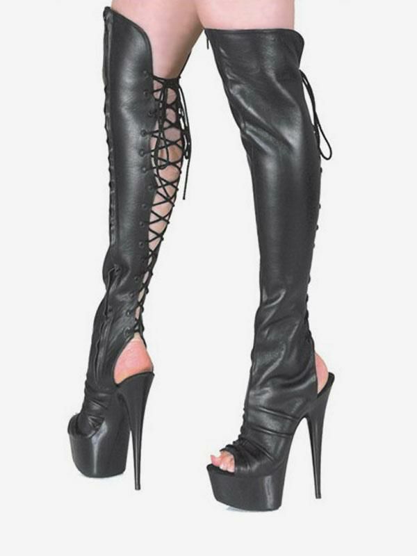 Occasion Shoes | Pole Dance Shoes Black Open 5 7/10″ High Heel 1 7/10″ Platform Matte Lace-Up Sexy Boots Occasion Shoes Occasion Shoes