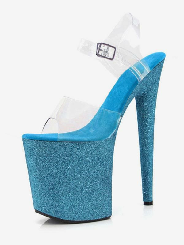 Occasion Shoes | Pole Dance Shoes Clear Platform Exotic High Heel Sandals in Aqua Glitter Occasion Shoes Occasion Shoes